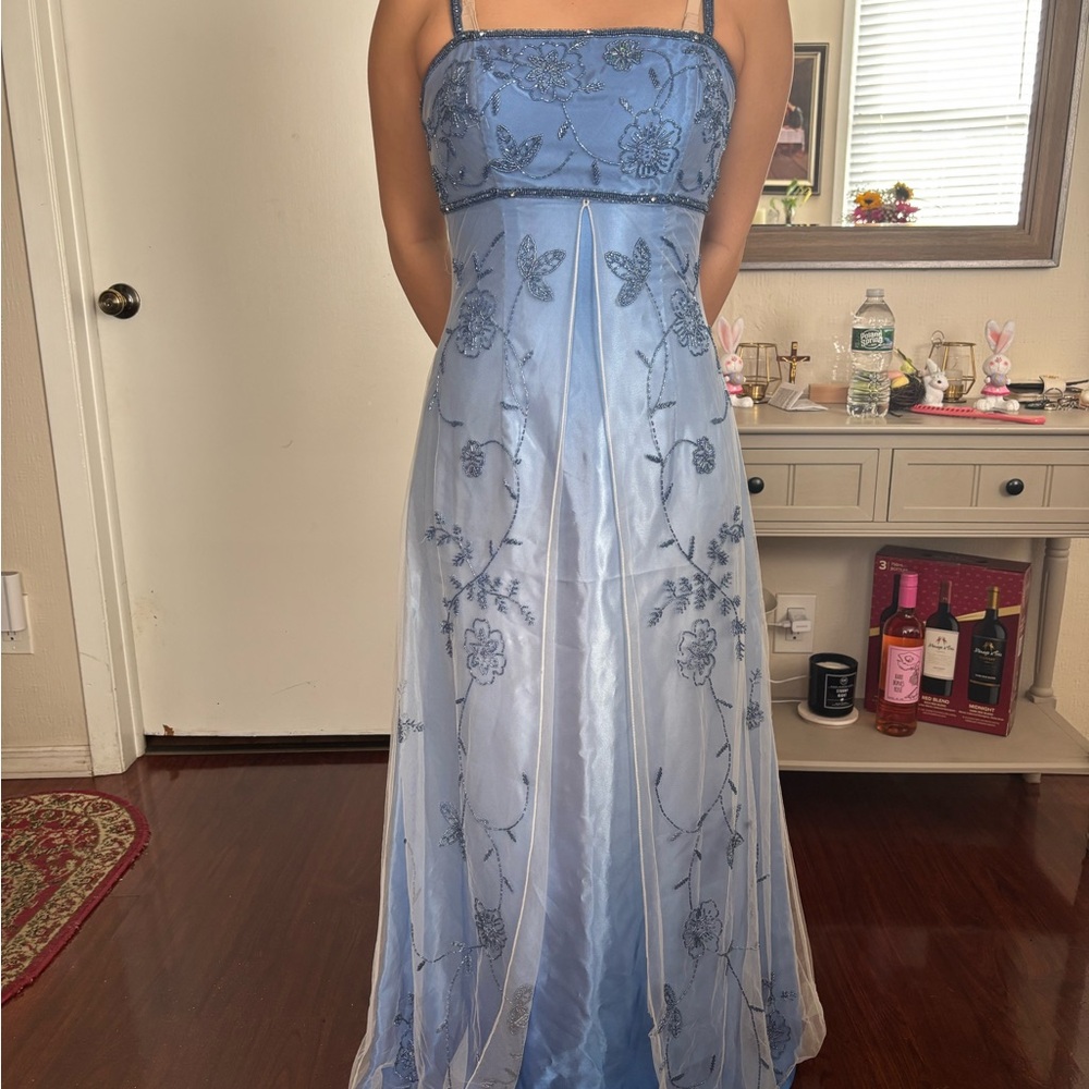 Elegant Y2K Blue Embroidered Gown
